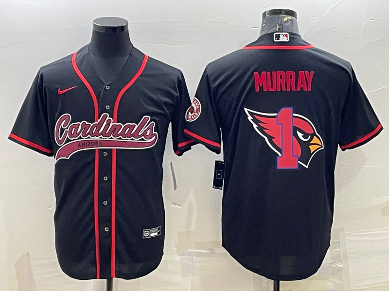 Mens Arizona Cardinals #1 Kyler Murray Black Team Big Logo With Patch Cool Base Stitched Baseball Jersey