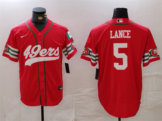 Mens San Francisco 49ers #5 Trey Lance Red With Patch Cool Base Stitched Baseball Jersey