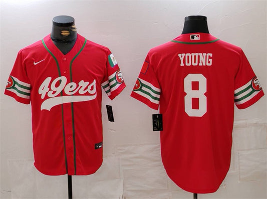 Mens San Francisco 49ers #8 Steve Young Red With Patch Cool Base Stitched Baseball Jersey