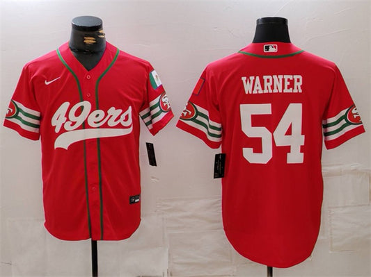 Mens San Francisco 49ers #54 Fred Warner Red With Patch Cool Base Stitched Baseball Jersey
