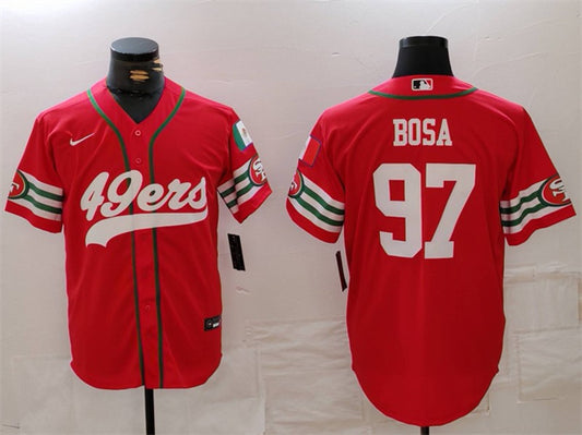 Mens San Francisco 49ers #97 Nick Bosa Red With Patch Cool Base Stitched Baseball Jersey