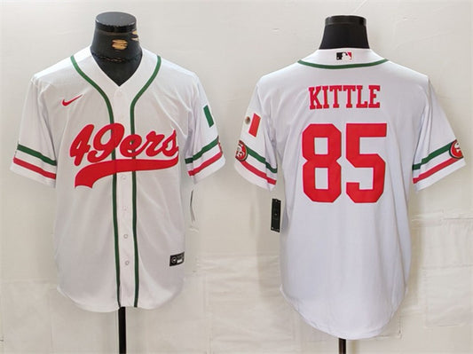 Mens San Francisco 49ers #85 George Kittle White With Patch Cool Base Stitched Baseball Jersey