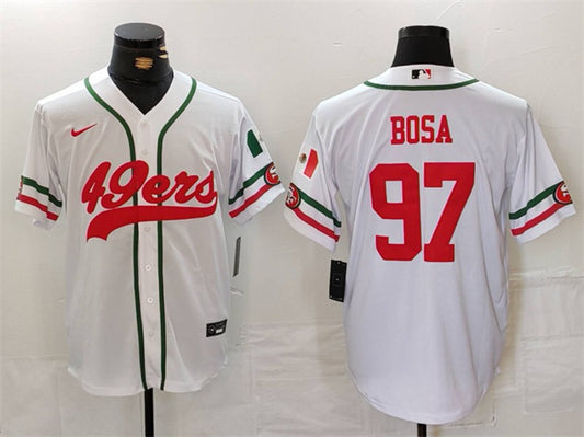 Mens San Francisco 49ers #97 Nick Bosa White With Patch Cool Base Stitched Baseball Jersey
