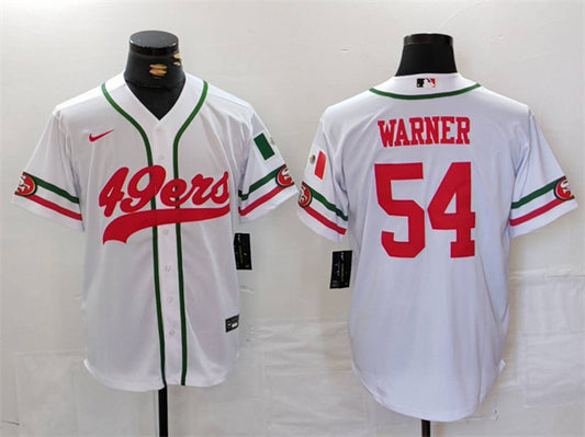 Mens San Francisco 49ers #54 Fred Warner White With Patch Cool Base Stitched Baseball Jersey