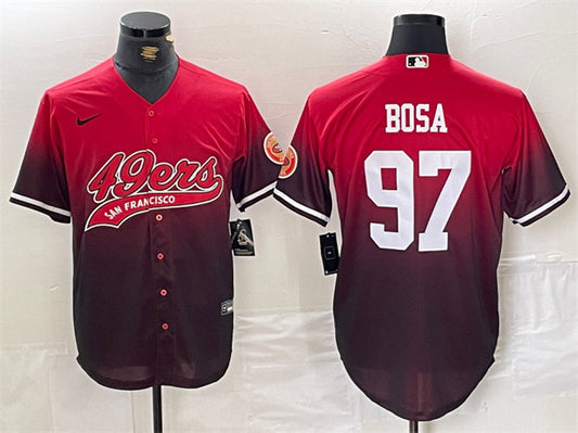 Mens San Francisco 49ers #97 Nick Bosa Red/Black With Patch Cool Base Stitched Baseball Jersey
