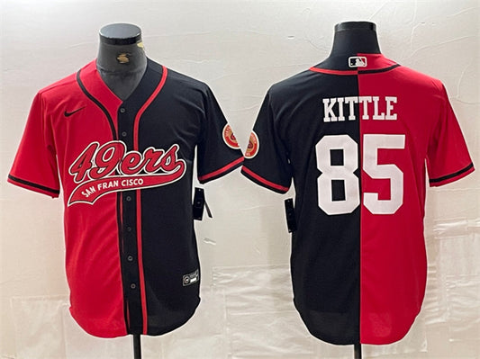 Mens San Francisco 49ers #85 George Kittle Red/Black Split With Patch Cool Base Stitched Baseball Jersey