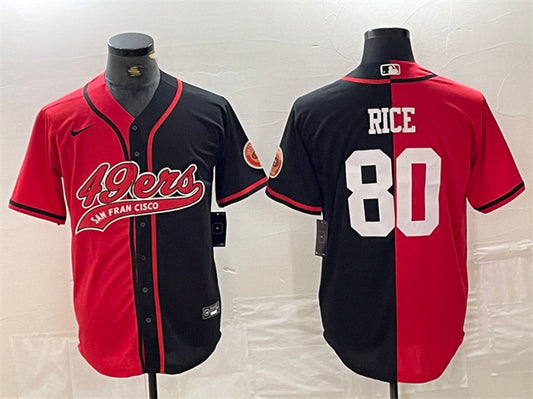 Mens San Francisco 49ers #80 Jerry Rice Red/Black Split With Patch Cool Base Stitched Baseball Jersey