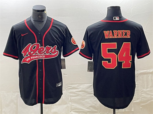 Mens San Francisco 49ers #54 Fred Warner Black With Patch Cool Base Stitched Baseball Jersey