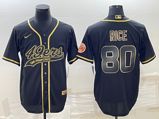 Mens San Francisco 49ers #80 Jerry Rice Black Gold With Patch Cool Base Stitched Baseball Jersey