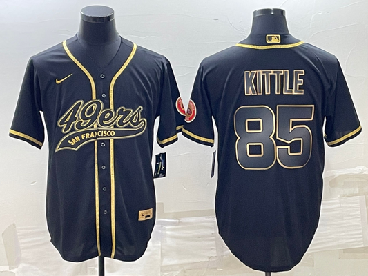Mens San Francisco 49ers #85 George Kittle Black Gold With Patch Cool Base Stitched Baseball Jersey