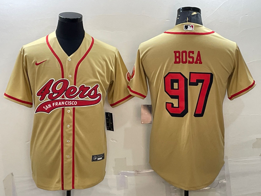 Mens San Francisco 49ers #97 Nick Bosa New Gold With Patch Cool Base Stitched Baseball Jersey