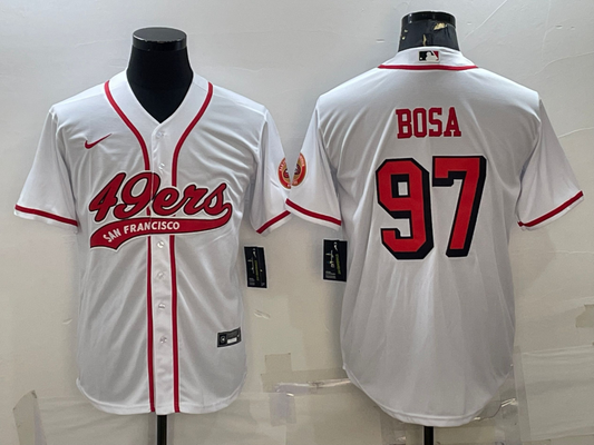Mens San Francisco 49ers #97 Nick Bosa New White With Patch Cool Base Stitched Baseball Jersey