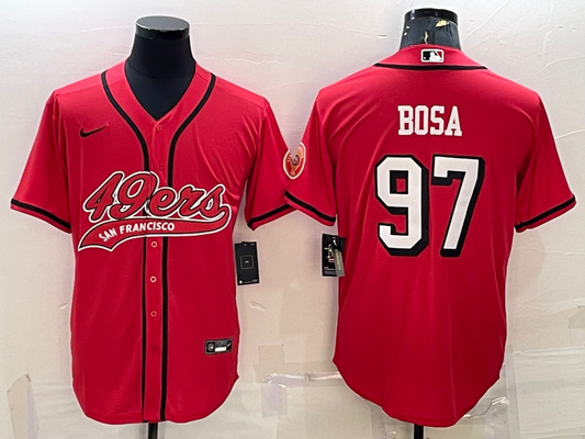 Mens San Francisco 49ers #97 Nick Bosa New Red With Patch Cool Base Stitched Baseball Jersey