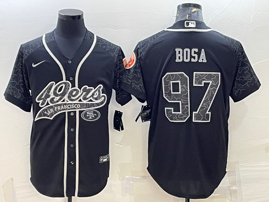 Mens San Francisco 49ers #97 Nick Bosa Black Reflective With Patch Cool Base Stitched Baseball Jersey