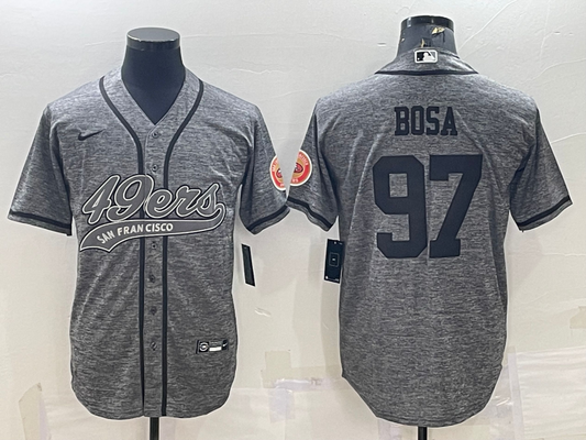 Mens San Francisco 49ers #97 Nick Bosa Grey With Patch Cool Base Stitched Baseball Jersey