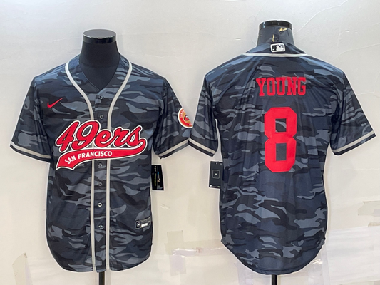 Mens San Francisco 49ers #8 Steve Young Grey Red Camo With Patch Cool Base Stitched Baseball Jersey