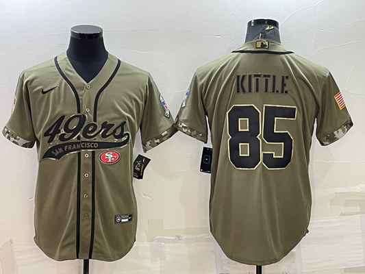 Mens San Francisco 49ers #85 George Kittle 2022 Olive Salute to Service Cool Base Stitched Baseball Jersey