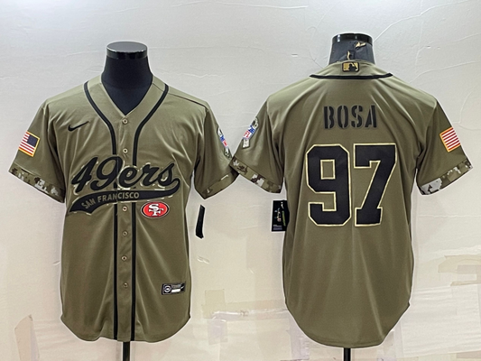 Mens San Francisco 49ers #97 Nick Bosa 2022 Olive Salute to Service Cool Base Stitched Baseball Jersey