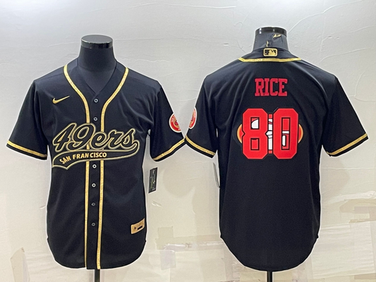 Mens San Francisco 49ers #80 Jerry Rice Black Gold Team Big Logo With Patch Cool Base Stitched Baseball Jersey