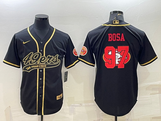 Mens San Francisco 49ers #97 Nick Bosa Black Gold Team Big Logo With Patch Cool Base Stitched Baseball Jersey