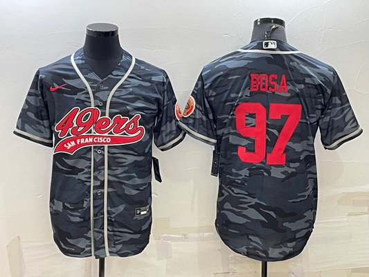 Mens San Francisco 49ers #97 Nick Bosa Grey Red Camo With Patch Cool Base Stitched Baseball Jersey