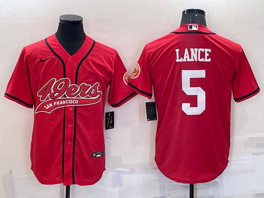 Mens San Francisco 49ers #5 Trey Lance Red Cool Base Stitched Baseball Jersey