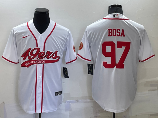 Mens San Francisco 49ers #97 Nick Bosa White Red Cool Base Stitched Baseball Jersey
