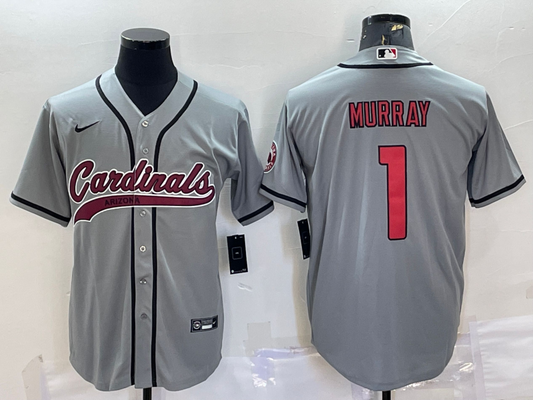 Mens Arizona Cardinals #1 Kyler Murray Grey With Patch Cool Base Stitched Baseball Jersey