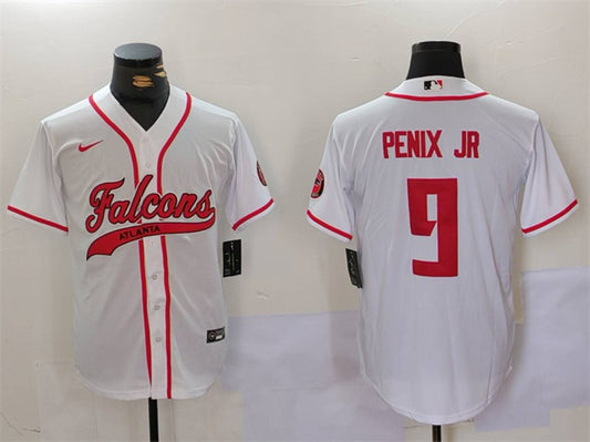 Mens Atlanta Falcons #9 Michael Penix Jr White With Patch Cool Base Stitched Baseball Jersey