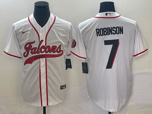 Mens Atlanta Falcons #7 Bijan Robinson White With Patch Cool Base Stitched Baseball Jersey