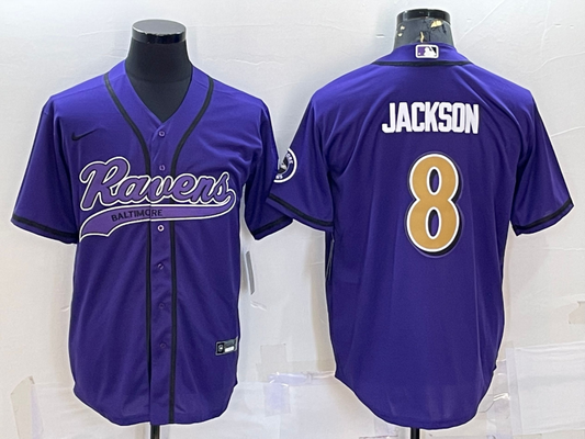 Mens Baltimore Ravens #8 Lamar Jackson Purple Gold With Patch Cool Base Stitched Baseball Jersey