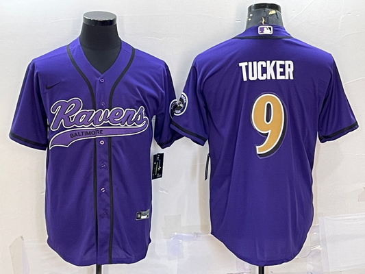 Mens Baltimore Ravens #9 Justin Tucker Purple Gold With Patch Cool Base Stitched Baseball Jersey