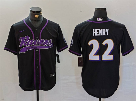 Mens Baltimore Ravens #22 Derrick Henry Black With Patch Cool Base Stitched Baseball Jersey