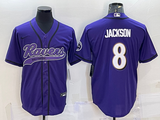 Mens Baltimore Ravens #8 Lamar Jackson Purple With Patch Cool Base Stitched Baseball Jersey