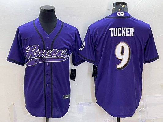 Mens Baltimore Ravens #9 Justin Tucker Purple With Patch Cool Base Stitched Baseball Jersey