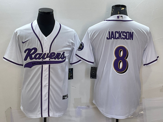 Mens Baltimore Ravens #8 Lamar Jackson White With Patch Cool Base Stitched Baseball Jersey