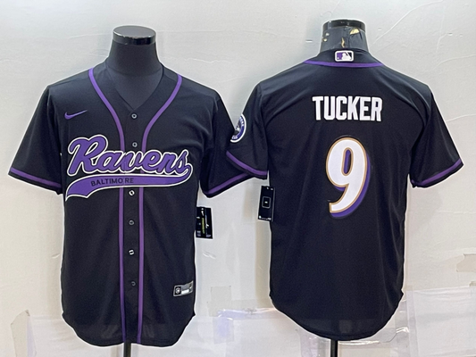 Mens Baltimore Ravens #9 Justin Tucker Black With Patch Cool Base Stitched Baseball Jersey