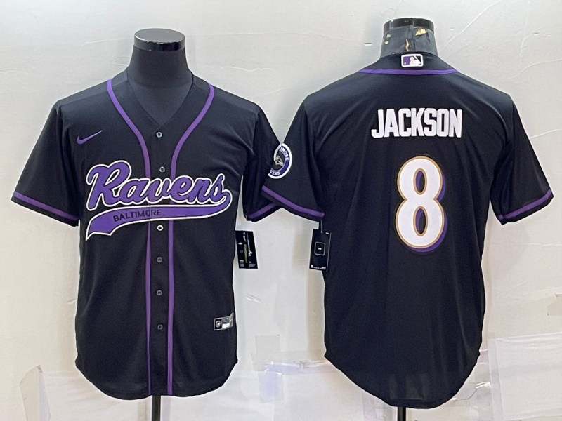 Mens Baltimore Ravens #8 Lamar Jackson Black With Patch Cool Base Stitched Baseball Jersey
