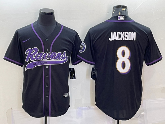 Mens Baltimore Ravens #8 Lamar Jackson Black With Patch Cool Base Stitched Baseball Jersey