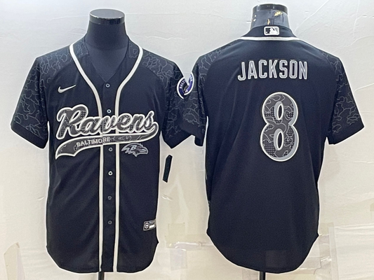 Mens Baltimore Ravens #8 Lamar Jackson Black Reflective With Patch Cool Base Stitched Baseball Jersey
