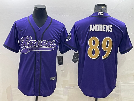 Mens Baltimore Ravens #89 Mark Andrews Purple Gold With Patch Cool Base Stitched Baseball Jersey