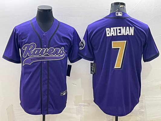 Mens Baltimore Ravens #7 Rashod Bateman Purple Gold With Patch Cool Base Stitched Baseball Jersey