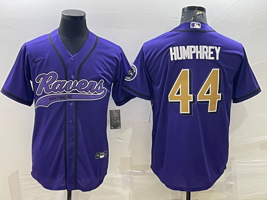 Mens Baltimore Ravens #44 Marlon Humphrey Purple Gold With Patch Cool Base Stitched Baseball Jersey