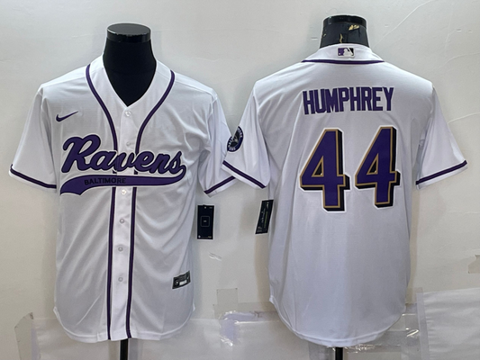 Mens Baltimore Ravens #44 Marlon Humphrey White With Patch Cool Base Stitched Baseball Jersey