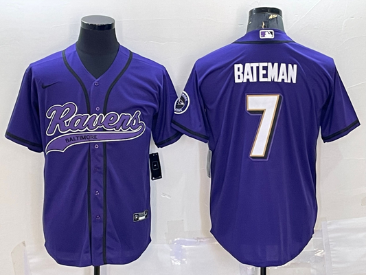 Mens Baltimore Ravens #7 Rashod Bateman Purple With Patch Cool Base Stitched Baseball Jersey