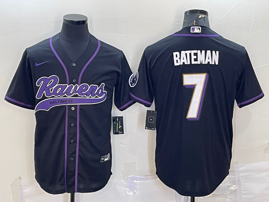 Mens Baltimore Ravens #7 Rashod Bateman Black With Patch Cool Base Stitched Baseball Jersey