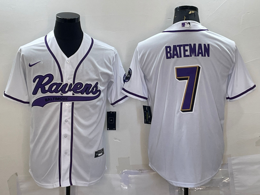 Mens Baltimore Ravens #7 Rashod Bateman White With Patch Cool Base Stitched Baseball Jersey