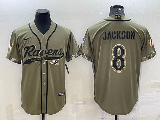 Mens Baltimore Ravens #8 Lamar Jackson Olive 2022 Salute to Service Cool Base Stitched Baseball Jersey