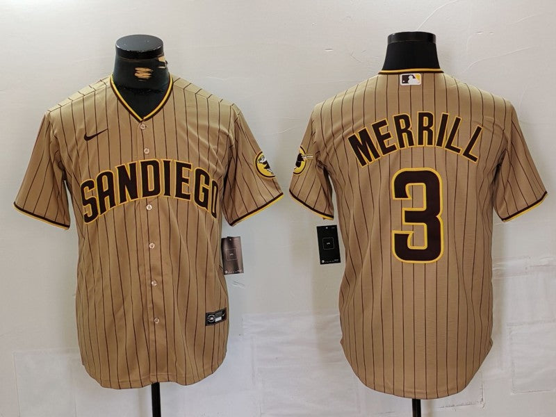 Men's San Diego Padres Jackson Merrill #3 Tan Jersey